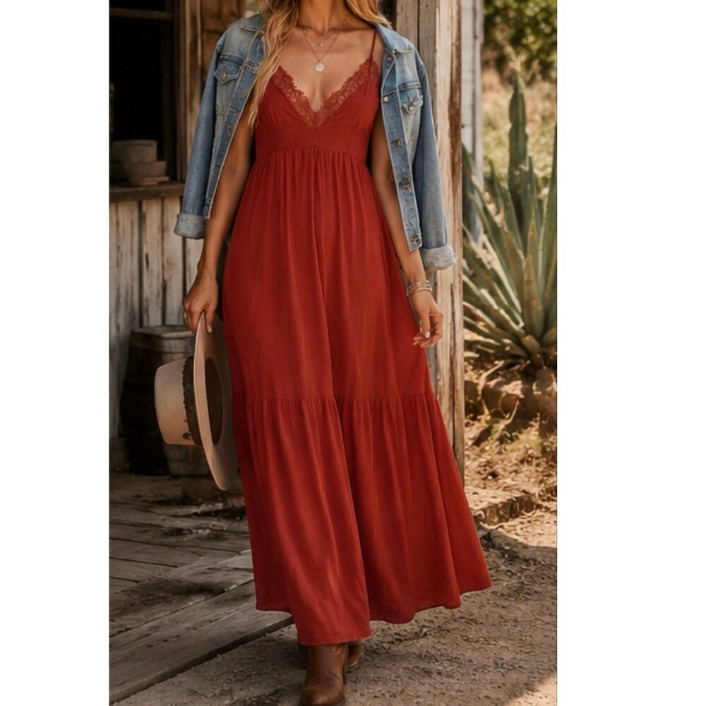 LoveStitch Women S Rust Terracotta Lace Trim Tiered Maxi Dress Boho Cottagecore
